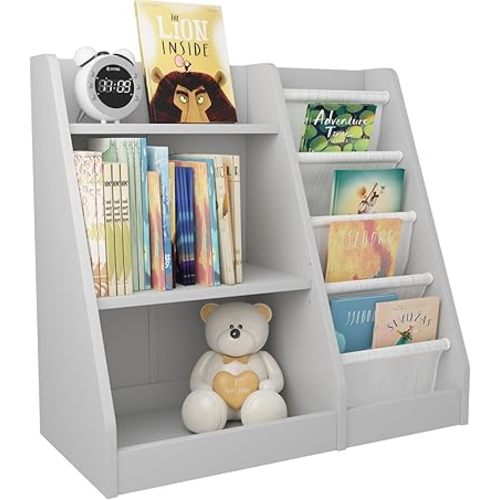 Gray Nursery Bookshelf for Kids 3 Tier Wood Shelf 4 Sling Baby Toddler Bookcase Book Rack with Adjustable Shelf for Boy Girl’s Gift Bedroom Playroom Nursery Classroom Church Kindergarten