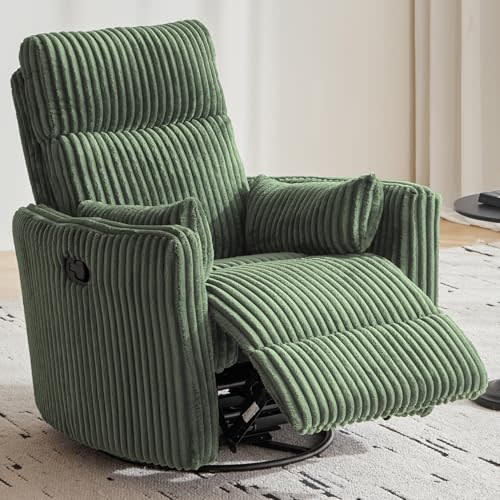 LINSY 360 Swivel Recliner Chair, Nursery Glider Rocking Chair with 2 Pillows, Corduroy Nursing Chair Comfy High Back Adult Rocker Recliner for Small Spaces, Nursery Bedroom Living Room (Green)