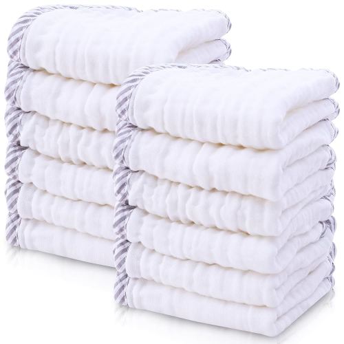 Cute Castle 12 Pack Muslin Baby Washcloths - Large 12'' by 12'' - Ultra Soft 100% Cotton - Super Absorbent Burp Cloths for Unisex, Boy, Girl -Stripe