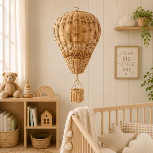 Handmade Wicker Hot Air Balloon Decor, Woven Nursery Wall Hanging, Boho Baby Room Decor, Nordic Kids Room Ornament
