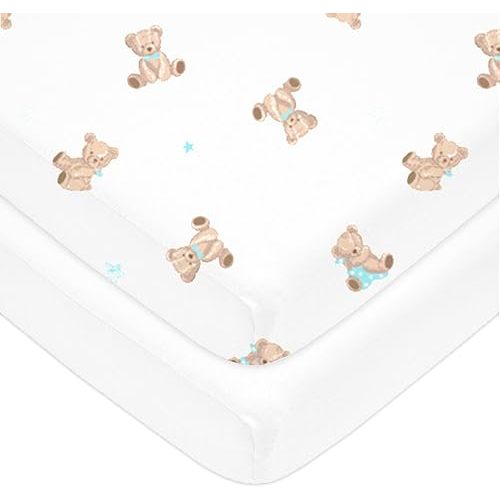 American Baby Company 2 Pack Fitted Pack N Play Playard Sheet 27" x 39", Soft Breathable Neutral 100% Cotton Jersey Pack and Play Sheet, Bear and White, for Boys and Girls, Fits Most Mini Crib