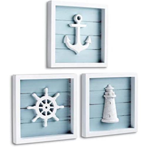 TideAndTales Nautical Wall Decor (7"x7") with 3D Anchor, Lighthouse and Ship Wheel - Rustic Beach Bathroom Ocean Home Decorations - Coastal Theme Nautical Gifts - Famed Set of 3