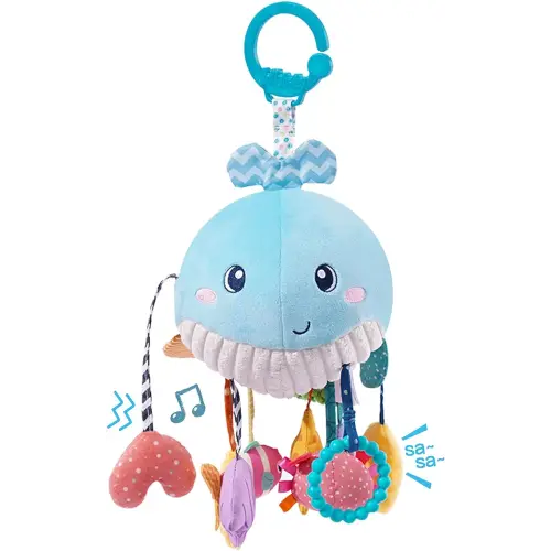Jollybaby Baby Toys 0-6-12-18 Months for Stroller Crib Gym or Car Seat, Plush Pull String Whale Hanging Toy with Teether Rattle & Squeaker, Montessori Sensory Toys for Toddlers, Baby Boy Girl Gifts
