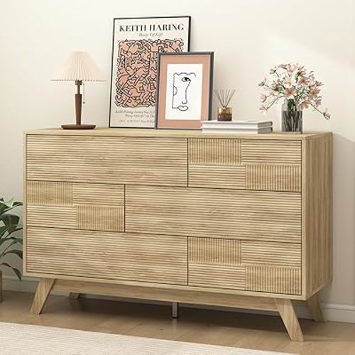 Hadulcet Fluted 6 Drawers Dresser for Bedroom, Modern Minimalist Style, 47” Wide Handleless Chest of Drawers, Wooden Dresser TV Stand, Closet Clothes Storage Organizer for Hallway, Natural Oak