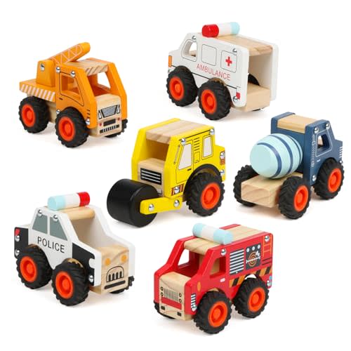 DIPALENT 6Pcs Wooden Cars for Toddlers 1-3, Push and Go Vehicles, Kid Toys, Hand Push Cars for 1+ Year Old, Montessori