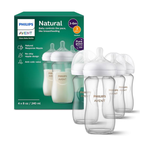 Philips Avent Natural Glass Baby Bottles with Natural Response Nipples (Medium Flow, Flow 3), 8oz, 4-Pack, SCY913/04