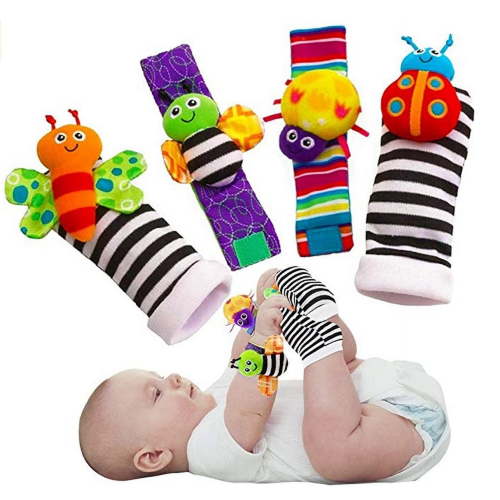4PCS Baby Rattle Toys, Cute Foot Finder Baby Toy with Sensory Stimulation Soft Wrist and Feet Socks with Rattle Sounds Finder Set (1 Pair Baby Wrist Rattles and 1 Pair Socks Rattles Set)