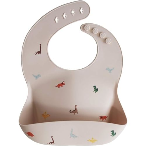 mushie Silicone Baby Bib | Adjustable Fit Waterproof Bibs (Dinosaurs)