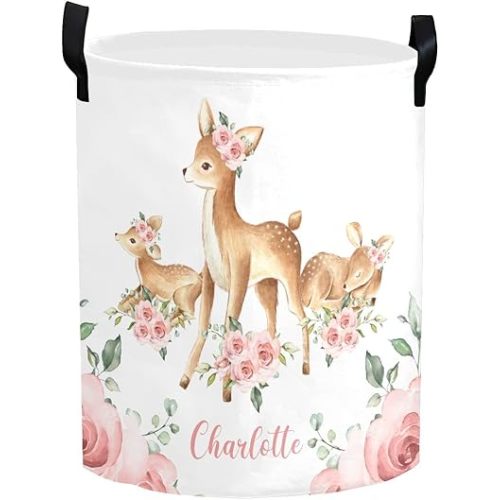 Personalized Laundry Basket Hamper,Floral Deer Pink,Collapsible Storage Baskets with Handles for Kids Room,Clothes, Nursery Decor