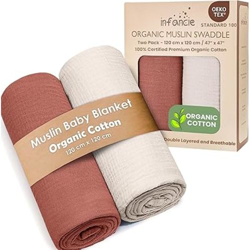 Organic Cotton Muslin Baby Blanket - 47x47 Inch Breathable Swaddle, Hypoallergenic Double-Layer, Versatile Use (Rust/Ivory)