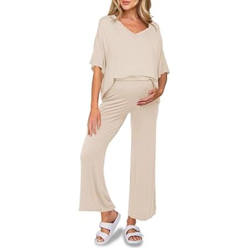 Tankaneo Womens Maternity Pajamas 2 Piece Lounge Set Soft Short Sleeve V Neck T-shirt Cropped Pants Pregnancy Loungewear, Beige, Large at Amazon Women’s Clothing store