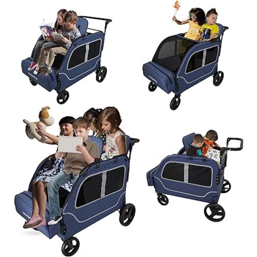 Wagon for Kids 4 Seater Wagon Stroller Summer Travel Push All Terrain Foldable Quad Toddler Wagons for 1 2 3 4 Year Children with Seat (Deep Blue)