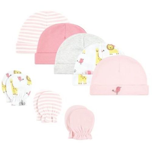 Hudson Baby Infant Girl Cotton Cap And Scratch Mitten Set, Girl Yellow Safari, 0-6 Months
