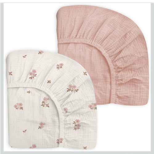 Mini Crib Sheets for Baby Boy Girl 2 Pack, Neutral Mini Crib Mattress Sheet 24" x 38", Muslin Nursery Bedding Soft and Breathable Comfort (Vintage Blossom & Pink)