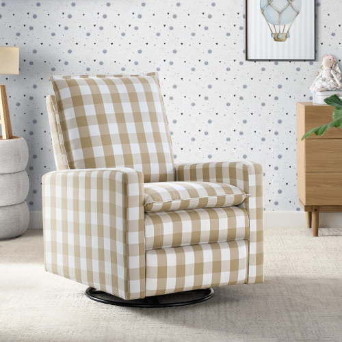 Soho Baby Coventry Upholstered Glider Recliner Rocking Chair 360° Swivel for Nursery and Living Room – Gingham Tan