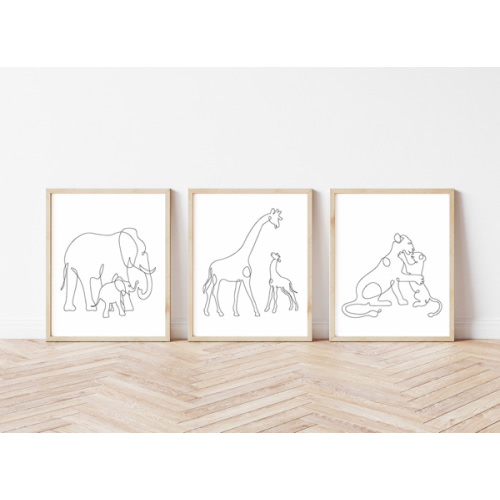 Mother and Baby Safari Animals One Line Wall Art | Black and White Set of Three 8x10 UNFRAMED Prints - Giraffe, Elephant, and Lion Mama and Child Nursery Print Decor