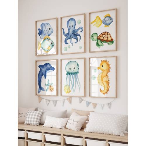Ocean Animals Wall Art - Ocean Sea Animals Art Print - Sea Animals Kid Bathroom Decor - Ocean Animals Nursery Wall Decor Sets of 6