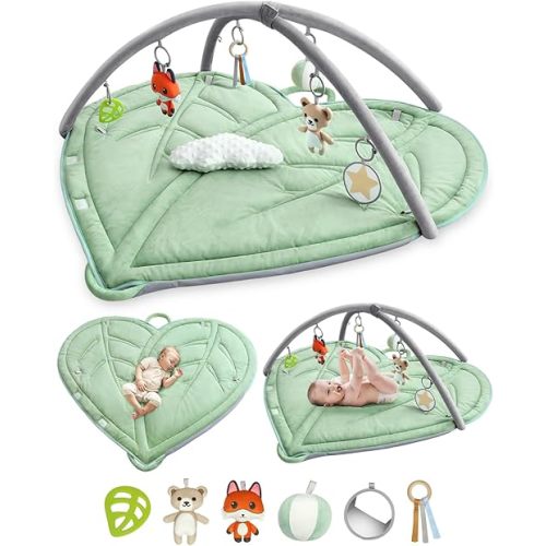 Baby Tummy Time Play Gym Mat - Large Newborn Montessori Activity Center Playmat for Floor with 6 Hanging Sensory Toys & Waterproof Nappy - 45" Portable Infant Mat for Babies 0-6-12 Months with Handle