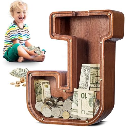 Summidate Large Wooden Piggy Bank for Kids Adults, Letter J Money Bank for Boys Girls, Personalized Initial Alphabet Bank for Coins Bills Change, Birthday and Decor
