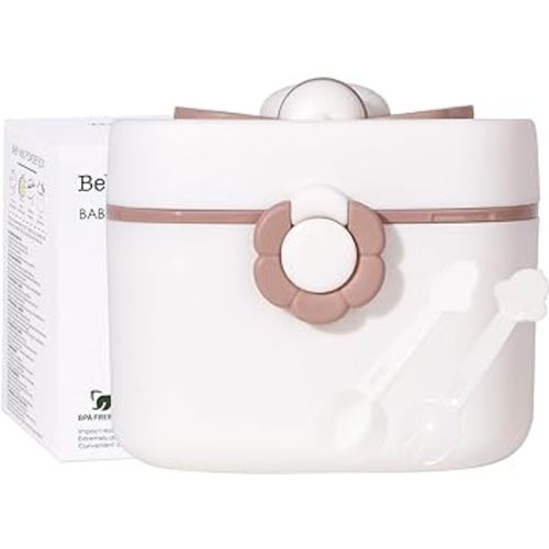 Bebamour Baby Formula Dispenser On The Go, Formula Container to Go, Formula Holder for Travel, Candy Fruit Snack Storage with Scoop & Fork and Leveller (Khaki)