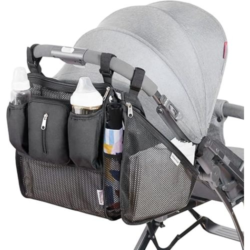 SUNVENO 2 in1 Universal Stroller Organizer, Side Sling Cargo Net, Insulation Cup Holders, Zippered Phone Pocket, Adjustable Straps, Black