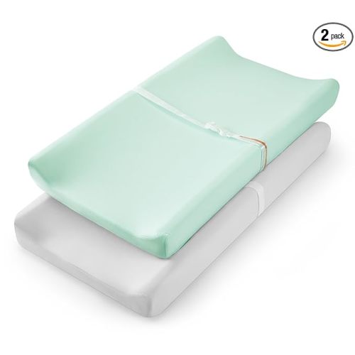 TILLYOU Changing Pad Cover Set in Soft Jersey Material - Fits 32"/34''x16 Contoured Pad for Babies, Lt Green & Lt Gray