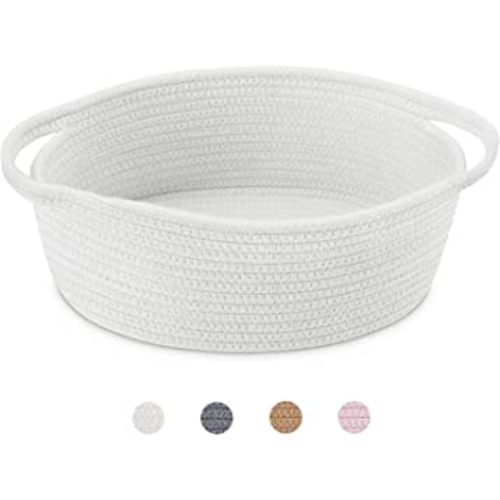 ABenkle Small Basket with Handles - Decorative Durable Rope Woven Storage Bin Shelf Storage Organizer Cube, Easter Baby Gift Basket, 12"x8"x5", White