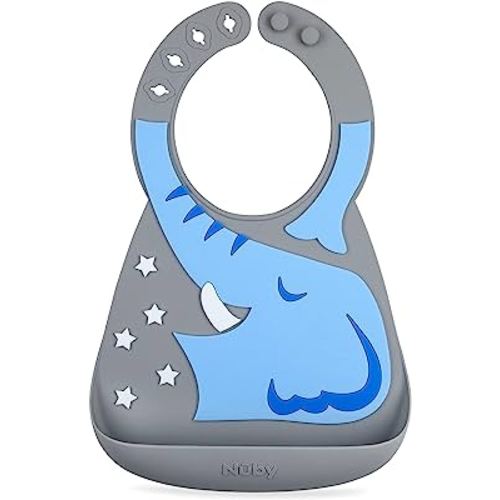 Nuby On The Go Silicone 3D Bib with Scoop to Catch Mess, Roll to Go, 6 M+, Elephant