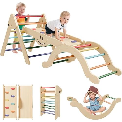 BIERUM Pikler Triangle Set - 8 in 1 Toddler Climbing Toys Indoor Wooden, Montessori Pickler Climbing Set with Ramp, Foldable Baby Climbing Gym, Rainbow