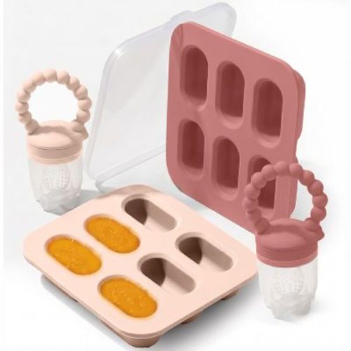 Silicone Baby Fruit Feeders with Freezer Tray for Batch Prep, Set of 2 Safe & Convenient Includes Extra Pouches & Travel Lids, Dishwasher Safe, Pink