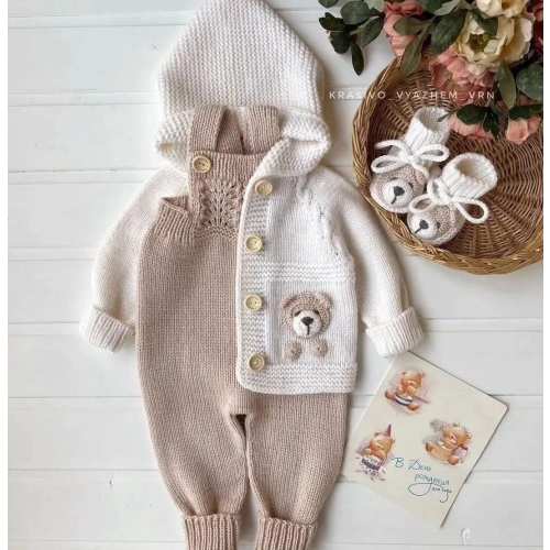 3 piece Teddy Bear Rompers Set, Knitted Newborn Clothes, Coming Home Baby Clothes, Knitted Baby Clothes, Coming Home Hospital Gift
