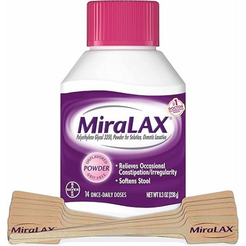 MiraLAX Gentle Constipation Relief Laxative Powder with Stirrer, Stool Softener with PEG 3350, No Harsh Side Effects, Osmotic Laxative, 1 Doctor & OBGYN Recommended, 14 Dose