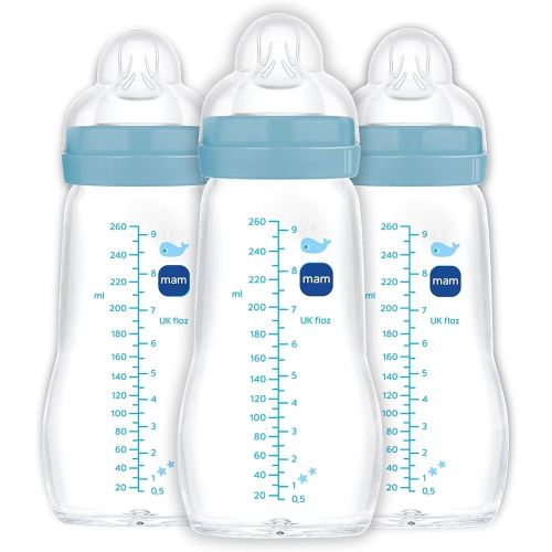 MAM Premium Glass Baby Bottles, Easy Switch Between Breast and Bottle, Feel Good Medium Flow, Newborn Essentials Must Have, 2+ Months, BPA Free, 9oz, Boy, 3pack