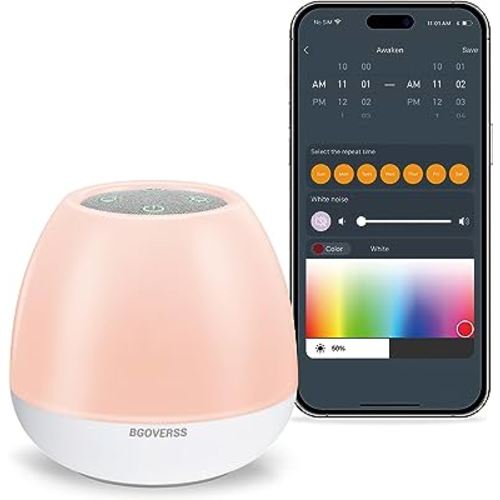 BGOVERSS White Noise Sound Machine for Baby, Sleep Sound Machine with Night Light, Toddler Sleep Trainer with 24 Soothing Sounds, White Noise Soother with Timer, App Remote Control for Kids, A Grey
