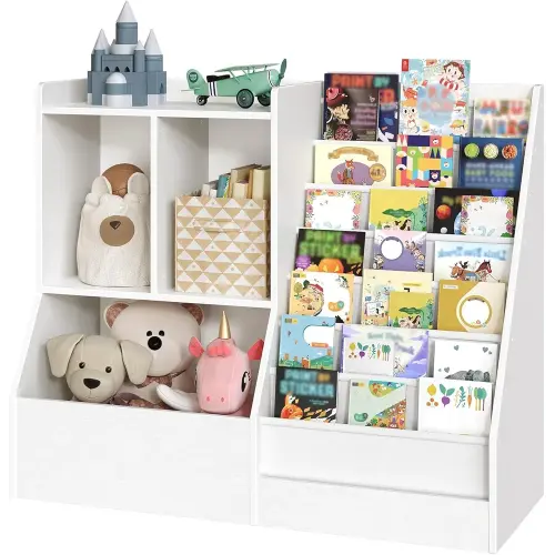 39.4" Kids Bookshelf and Toy Storage, 7 Layer Kids Book Sling Shelf, Toddler Bookshelf, Kids Bookcase, Toy Organizer Cabinet, Large, for Playroom, Bedroom, Nursery, White BKWT7301