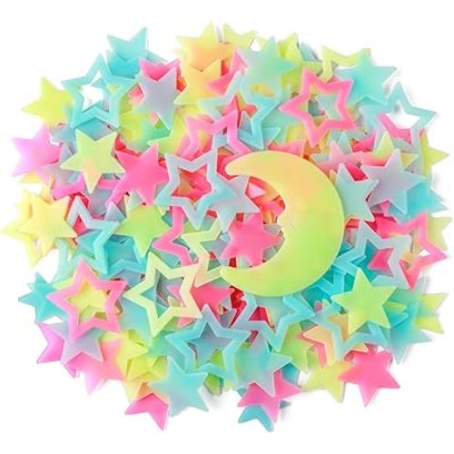 140 pcs Colorful Glow in The Dark Moon and Stars Wall Stickers Yellow Pink Blue Glowing Star Decor DIY 3D Hollow Luminous Stars Wall Decals for Kids Boys Baby Bedroom Ceiling Wall Decoration