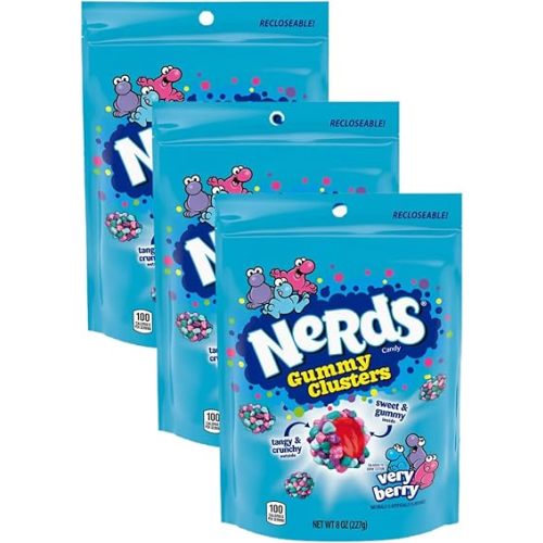 Nerds Gummy Clusters Candy, Very Berry, Resealable 8 Ounce Bag (Pack of 3)