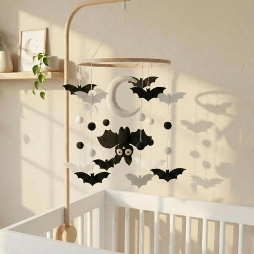 Monochrome Bat & Moon Crib Mobile - Handmade Felt Black and White Nursery Decor, Perfect for Newborns