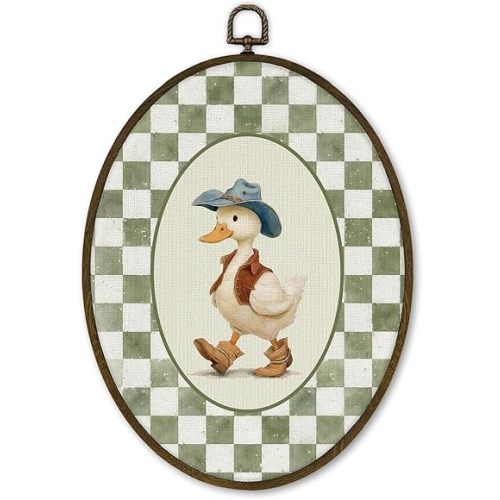 cvjutf Western Cowboy Duck Goose Nursery Wall Art Decor Framed, Vingtage Baby Boy Nursery Oval Wall Decor, Green Checkered Neutral Canvas Prints Art for Kids Boy Nursery Room Bedroom, 8.7x11.3 Inch
