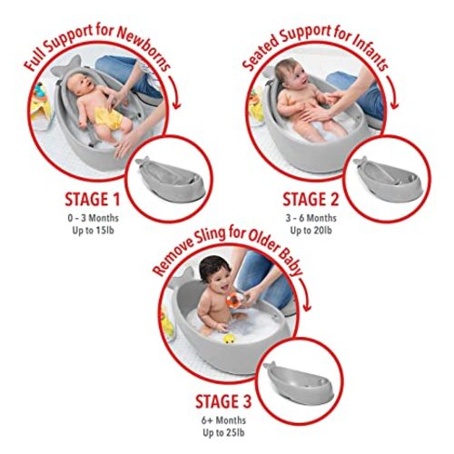 Skip Hop Baby Bath Tub, 3-Stage Smart Sling Tub, Moby, Grey