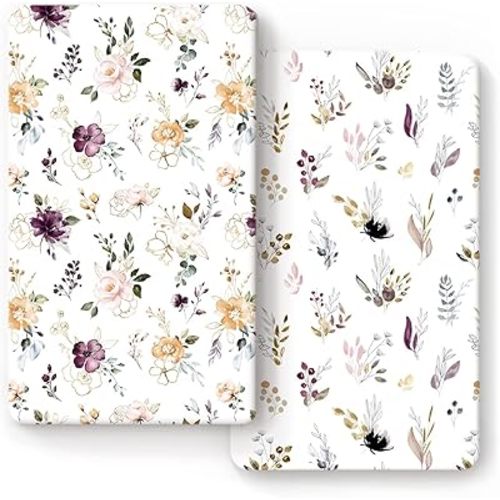 GRSSDER Stretchy Ultra Soft Jersey Knit Fitted Crib Sheets Set 2 Pack,Fits All Standard Crib Mattress Pads Safe and Snug, Pretty Purple Flora Botanical for Baby Girls