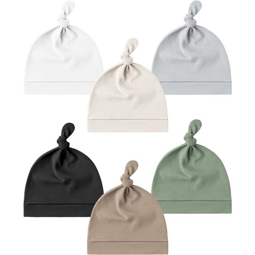 Konssy 6 Pack Baby Newborn Hats Set Knot Beanie Hats Soft for Infant Baby Girls Boys Caps 0-6 Months - White,beige,gray,black,clay,green