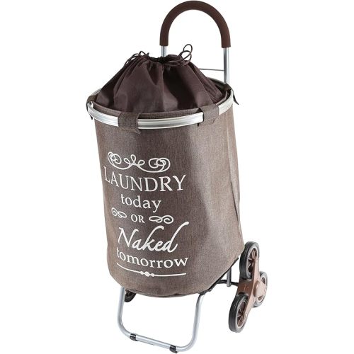 dbest products Stair Climber Laundry Trolley Dolly, Brown Laundry Bag Hamper Basket cart with wheels sorter
