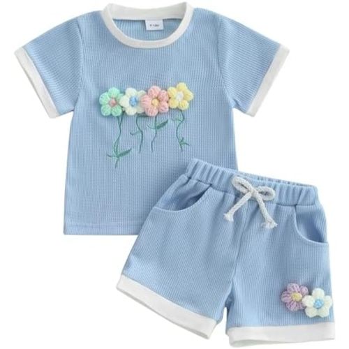Toddler Baby Girl Outfits Floral Summer Clothes Infant Spring Waffle Short Sleeve Shirt Tops Cute Shorts Set