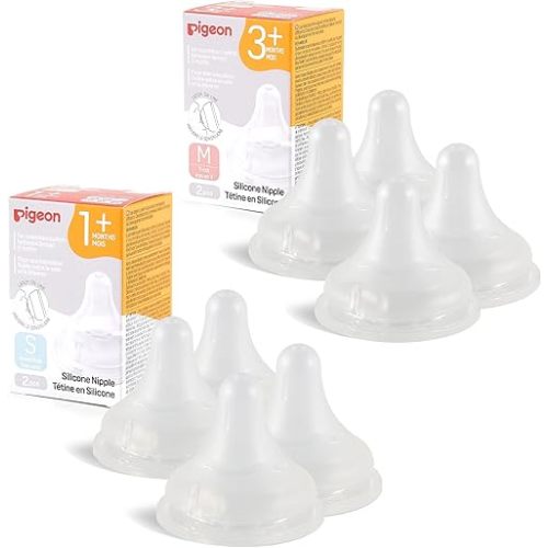 Pigeon Silicone Nipple with Latch-On Line, Size S & M(Set of 8), Natural Feel, Nipple Set(1~6M)