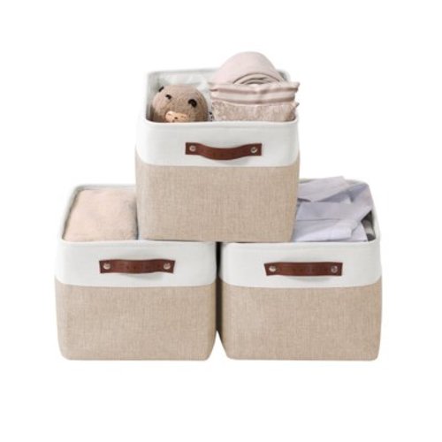 DECOMOMO Large Storage Baskets, Fabric Storage Bins, Baskets and Bins (Beige and White, Set of 3)