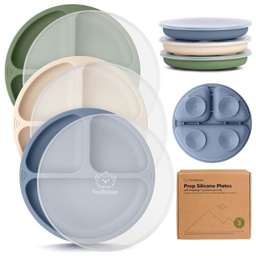 KeaBabies Suction Plates with Lids for Baby - 3-Pack 100% Silicone Toddler Plates with Suction, Divided, BPA-Free Baby Led Weaning Essentials for Kids, Dishwasher, Microwave Safe, Durable (Slate)