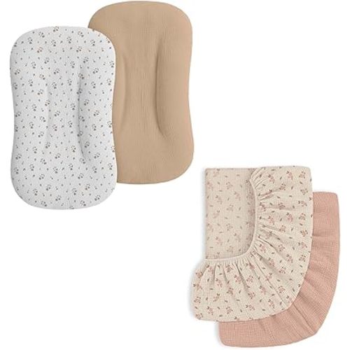 Mi Flor Muslin Baby Lounger Cover & Crib Sheets – Snug Fit for Snuggle Me Organic Infant Lounger – Ultra Soft, Breathable, CPC Certified, Non-Shrink