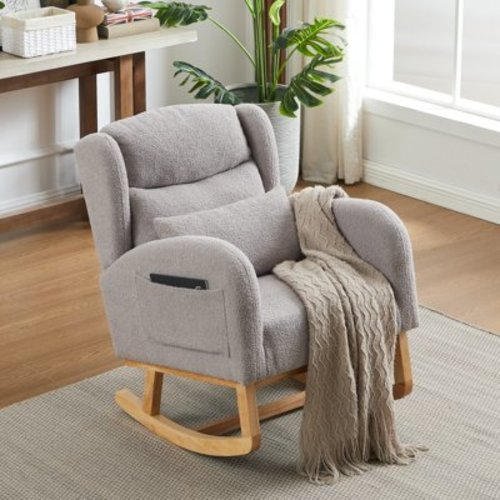 27.2"W Rocking Glider Chair for Nursery, Upholstered Wingback Accent Arm Chair with Armrest & Tall Back, Arm Chair with Side Pockets, for Living Room, Hotel, Bedroom, Baby Room, Grey