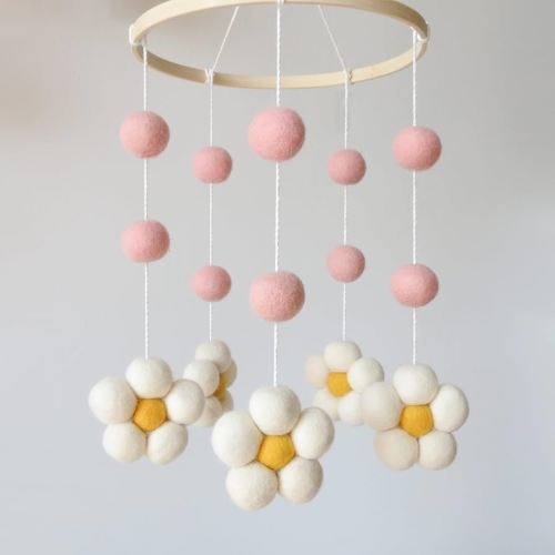 Daisy Mobile for Crib Boho Baby Crib Mobile for Girls Pink Felt Flower Baby Mobile for Crib